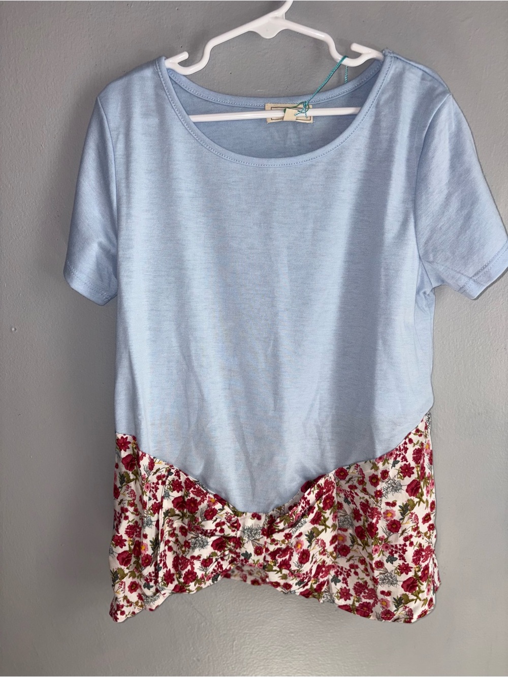 Hayden Girls Light Blue Tee with Red Floral Knot Hem